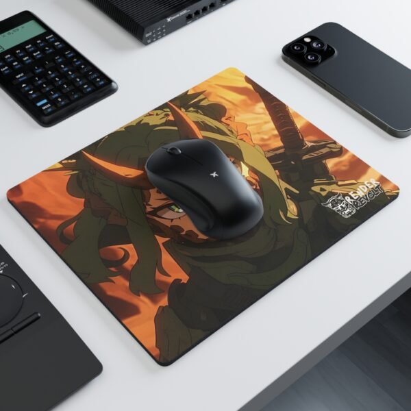Anime mouse pad featuring a green-haired warrior with horns and a tactical outfit, gripping a sword against a fiery sunset, placed on a white desk with a black wireless mouse.