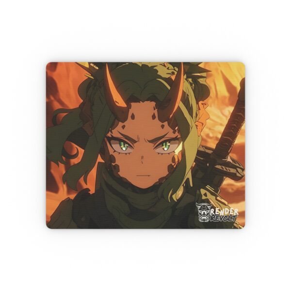 Anime mouse pad featuring a fierce green-haired warrior with horns and tactical armor, gripping a katana against a fiery battlefield backdrop.
