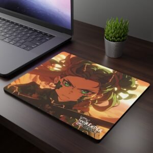 Aya Jade Eyes Mouse Pad featuring a green-eyed warrior with braided hair and horn-like accessories, set against a glowing sunset, placed on a dark wooden desk next to a laptop and plant.