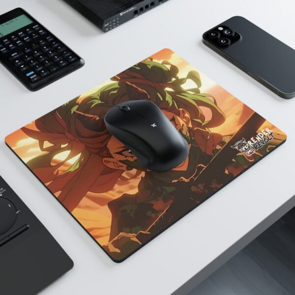 Anime mouse pad featuring a fierce green-haired warrior with horns gripping a katana, illuminated by a fiery sunset, placed on a modern white desk with a black wireless mouse.
