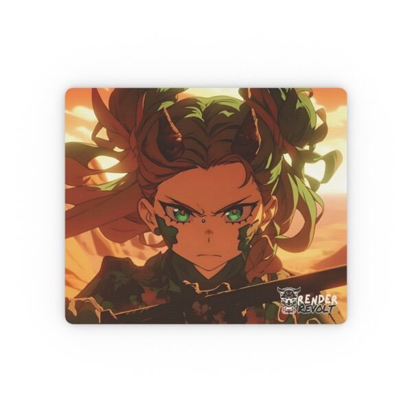 Anime mouse pad featuring a fierce green-eyed warrior with braided hair, horns, and battle paint, gripping a sword against a dramatic sunset backdrop.