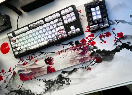 White and Black Keyboard with Blossom design for your desk setup