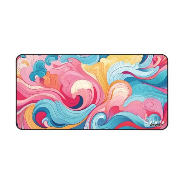 olorful floral waves desk mat with a swirling mix of blue, pink, orange, and yellow hues, decorated with delicate flowers and heart-shaped accents. Render Revolt logo in the bottom right corner.