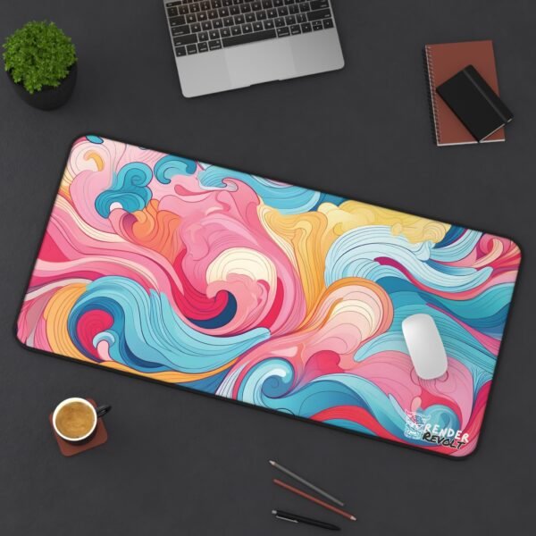 A vibrant, lively desk mat with bold pink, blue, and yellow floral waves that create a dynamic, energetic look. The "Render Revolt" logo sits at the lower right.