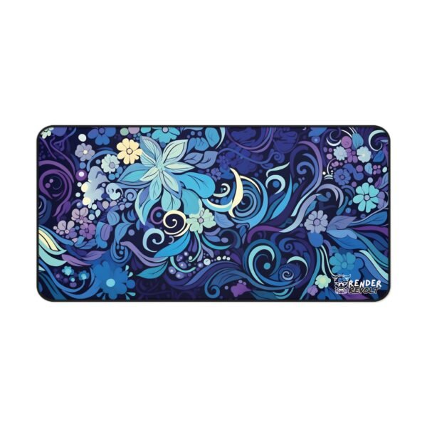 Celestial Flowers Desk Mat - A full view of the desk pad displaying an elaborate floral composition in deep blue, teal, and violet, surrounded by swirling patterns.