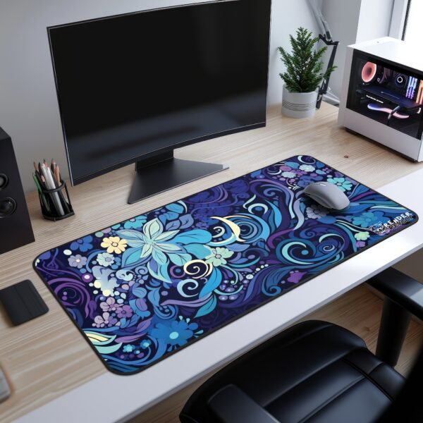 Celestial Flowers Desk Mat - A gaming desk setup with the dark blue floral desk pad, under a monitor and wireless mouse, with a black chair and an illuminated PC