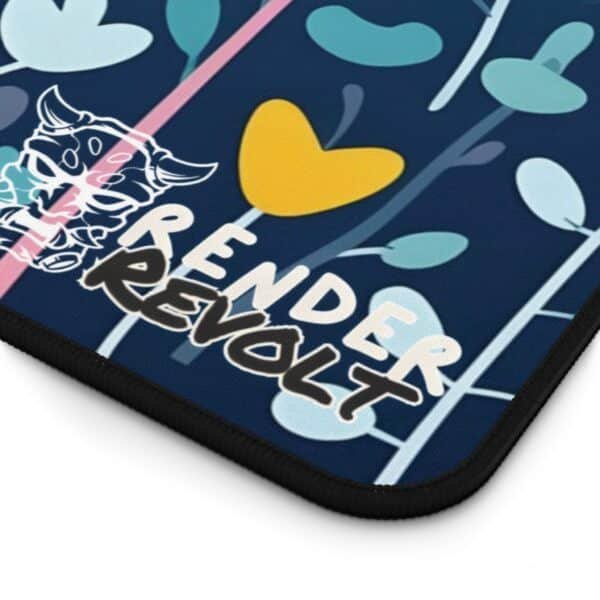 Close-up of the floral desk mat corner, showing the Render Revolt logo with a floral pattern.