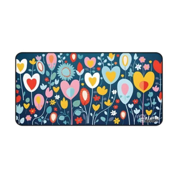 Flat lay of the floral desk mat showing heart and tulip-shaped flowers in red, yellow, and blue on a dark blue background.