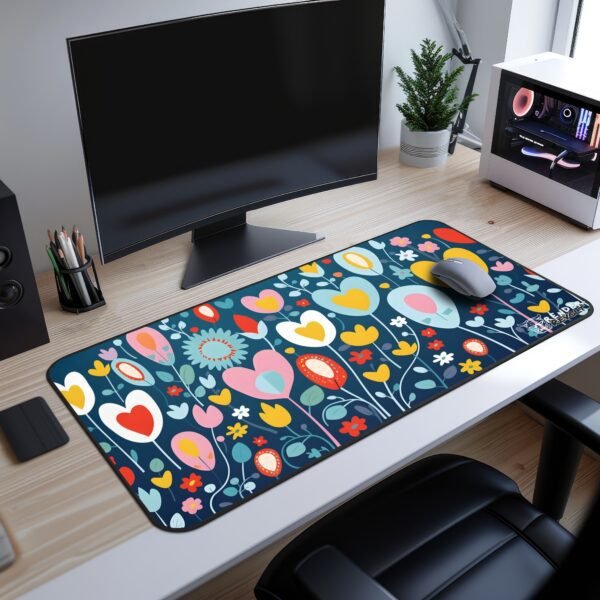 Charmed Bloom Desk Mat with a floral desk mat featuring heart-shaped and colorful flowers on a dark blue background, with a mouse placed on top.