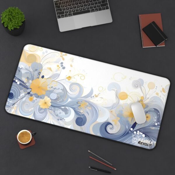Vibrant floral heart-themed desk mat with a black background, featuring colorful heart-shaped flowers in shades of red, yellow, blue, and pink, branded with 'Render Revolt' logo in the corner.