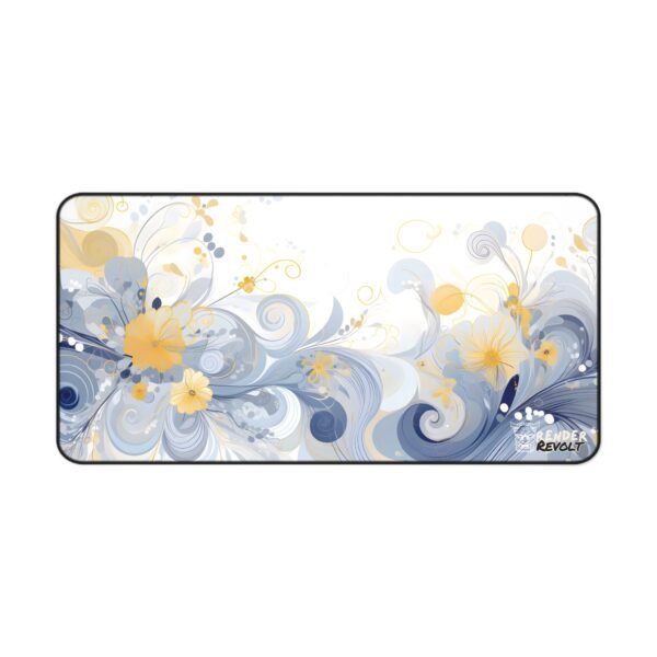 A golden and blue swirling floral desk mat, featuring a mix of soft swirls and elegant flowers with metallic gold accents.