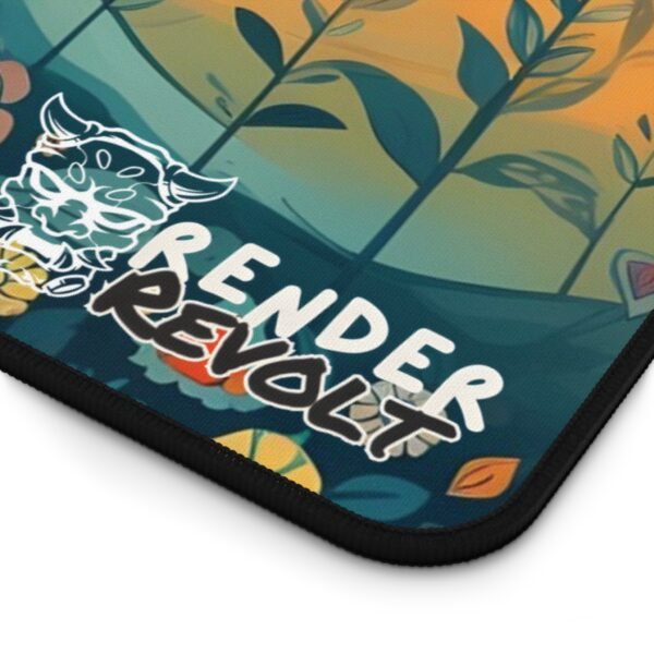 Close-up of the Render Revolt logo on the sunrise-themed desk mat, showing crisp stitching and rich floral elements against a deep blue background.