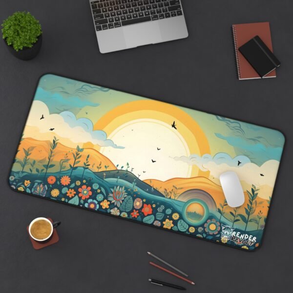 Flat-lay view of the landscape-inspired desk mat with a warm golden sun, green fields, and a floral foreground, blending vibrant colors with soft clouds.