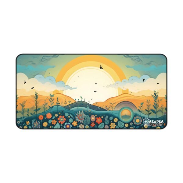 A sunrise-themed desk mat featuring rolling hills, wildflowers, and birds flying across a glowing horizon, placed on a sleek workstation.