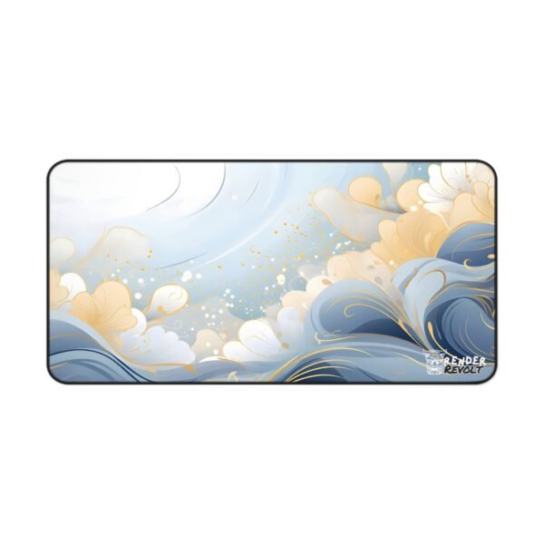 A calming desk mat with swirling gold and navy-blue waves set against a soft, dreamy white background.
