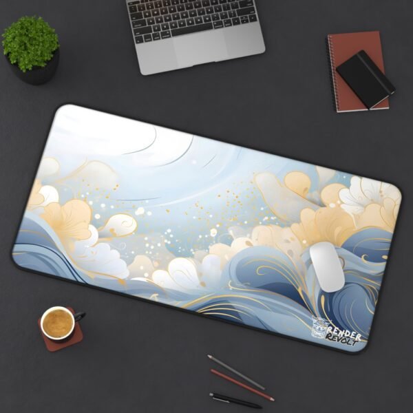 A bright and refreshing desk mat with pastel blue waves blending into warm yellow and orange floral patterns. The "Render Revolt" logo is placed in the lower right corner.