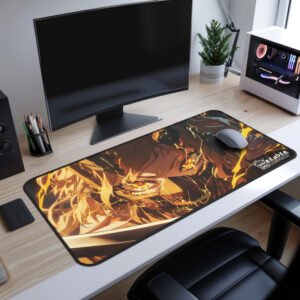Eiko Demon Desk Mat - Dark gaming setup with an anime-inspired desk mat showcasing a fiery warrior with a menacing look.