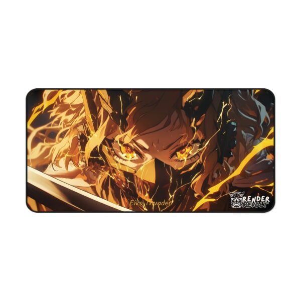 Anime-inspired desk mat featuring fiery warrior with glowing eyes and intense flames