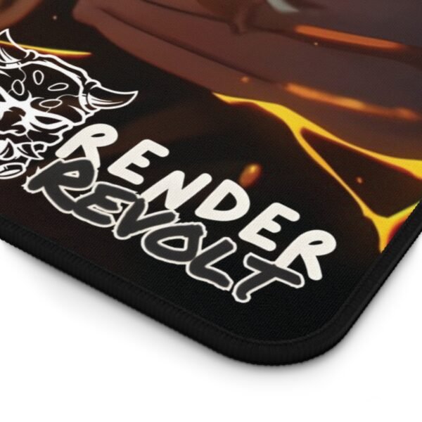 Close-up of black and orange desk mat with 'Render Revolt' logo and stitched edges