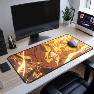 Eiko Enraged Desk Mat - Anime desk mat featuring a golden armored warrior surrounded by intense flame effects