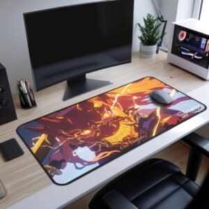 Eiko Lightning Oni Desk Mat - Close-up of a black mouse pad with vibrant fiery accents and "Render Revolt" branding on the corner.