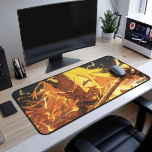 Eiko Oni Mask Desk Mat - Gaming desk setup featuring a fiery anime-themed desk mat with a character surrounded by orange lightning.