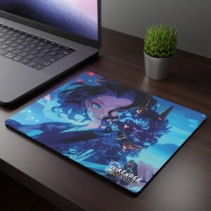 Emi Water Demon Mouse Pad - Featuring an anime-style character with flowing hair and a glowing blue oni mask, set against a vibrant night sky for a bold desk upgrade.