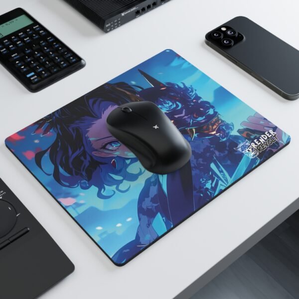 a striking anime-style illustration featuring a fierce blue demon and a mysterious character, adding a bold aesthetic to any desk setup.