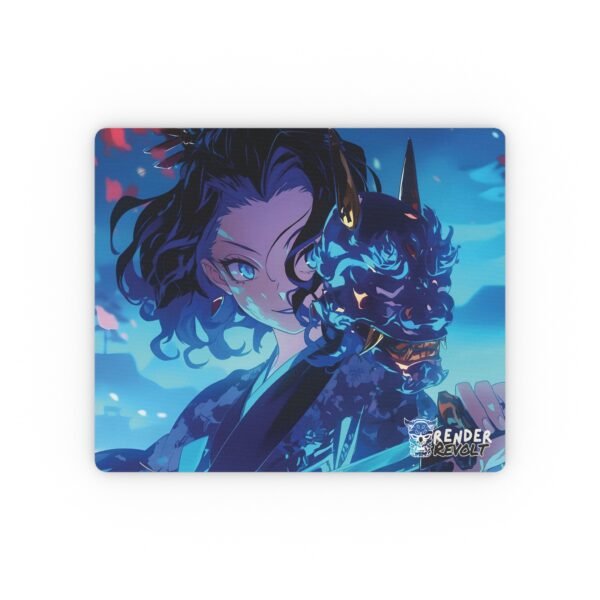 featuring an anime-style character with flowing hair and a glowing blue oni mask, set against a vibrant night sky for a bold desk upgrade.