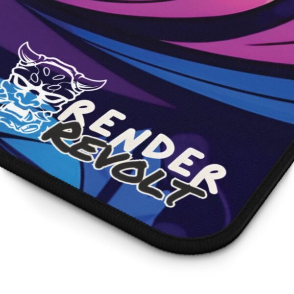 A close-up of the corner of a desk pad featuring a dark purple and blue abstract design with the "Render Revolt" logo in white.