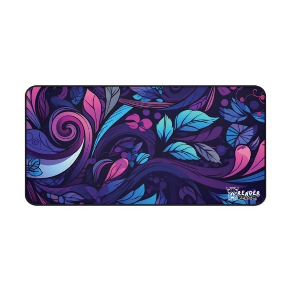 close-up of the edge of a vibrant purple and blue desk pad, showing floral and leaf-like swirls with the "Render Revolt" logo in white.