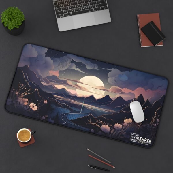 A floral-themed desk mat with golden sunflowers and deep blue vines, set up on a light wood desk with a monitor and accessories.