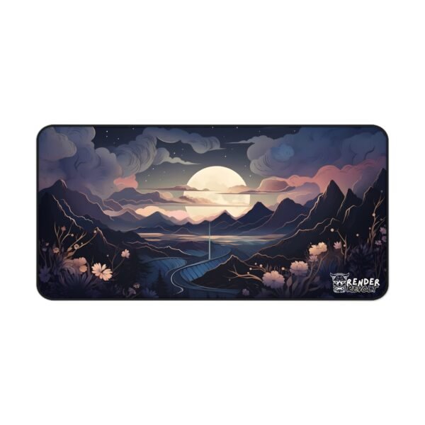 A top-down view of the desk mat with a sunset landscape, placed on a dark workspace with a laptop, coffee, and notebooks.