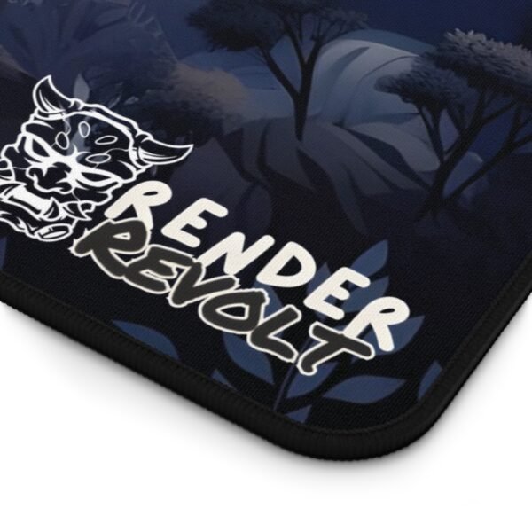 A close-up shot of the "Render Revolt" logo on the bottom right corner of the Golden Horizon desk mat.