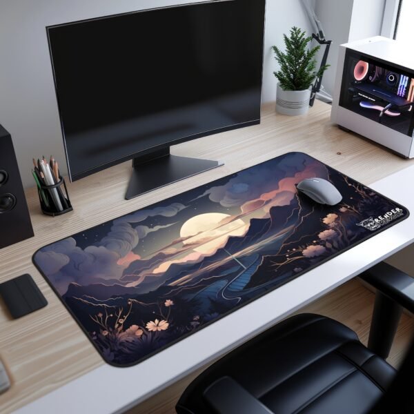 Ethereal Horizon Desk Mat - A floral desk mat featuring a large sunflower and blue flowers, placed on a modern wooden desk with a curved monitor and a white PC case.