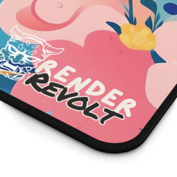Close-up of "Render Revolt" logo on a soft pastel wave and floral desk mat with blue, gold, and white tones.