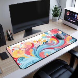 Floral Drift Desk Mat - A stylish desk setup featuring a dark blue and purple swirl-themed desk mat under a curved monitor and accessories.