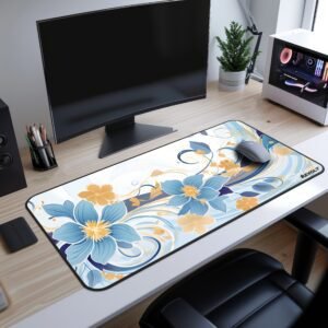 Floral Harmony Desk Mat - Heart garden-themed desk mat set up on a modern gaming desk, complementing a curved monitor, keyboard, and a white PC