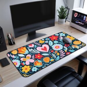 Floral Rhapsody Desk Mat - A Colorful floral desk mat on a modern gaming setup, featuring bright flowers and a heart design.