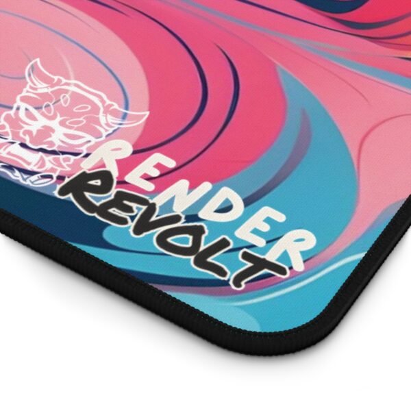 Close-up shot of a desk mat corner featuring an ocean-inspired wave pattern in blue, green, and purple, with the "Render Revolt" logo and stylized tiger emblem.