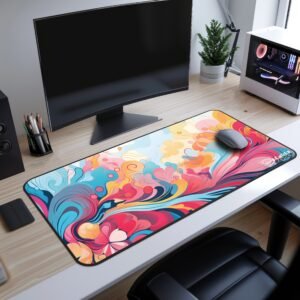 Floral Spring Desk Mat - Flat lay view of a full desk mat with a vibrant, floral-inspired swirl pattern in shades of red, orange, yellow, and blue.