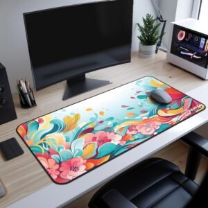 Floral Symphony Desk Mat - A full view of a desk pad with an elegant golden and blue floral pattern, designed with flowing waves.