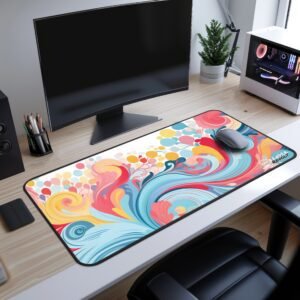 Floral Tide Desk Mat - Soft blue and gold floral desk mat on a modern desk setup with a curved monitor, mechanical keyboard, and a neatly organized workspace. The mat features an elegant blend of blue and gold flowers with abstract swirls.