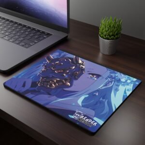 Gemma Blue Demon Mouse Pad featuring a mysterious character with flowing hair and a detailed dark oni mask, placed on a modern desk next to a laptop and plant.