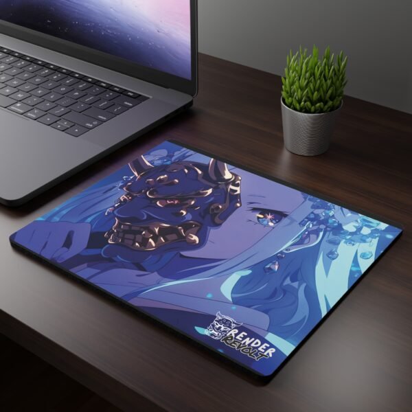 Gemma Blue Demon Mouse Pad featuring a mysterious character with flowing hair and a detailed dark oni mask, placed on a modern desk next to a laptop and plant.