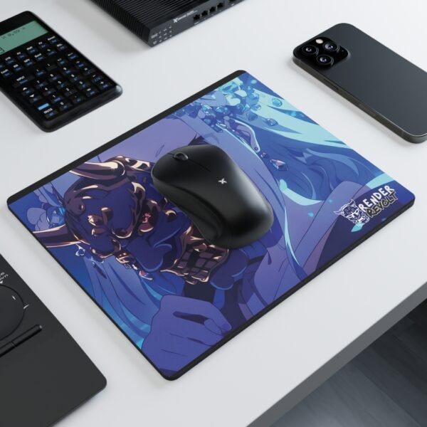 Anime mouse pad with a detailed dark oni mask and flowing blue-haired character, placed on a clean white desk alongside a black wireless mouse, phone, and calculator.