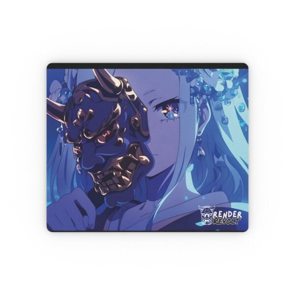 Anime-themed mouse pad featuring a blue-haired character holding an ornate dark oni mask, accented with glowing eyes and jewel-like details.