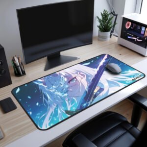 Gemma Demi Oni Desk Mat - Sleek gaming setup with a large anime-themed desk mat displaying a warrior girl with ice-blue eyes and flowing white hair.