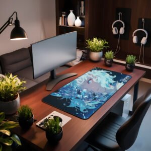 Gemma Diamond Mask Desk Mat in a warm-toned office space, surrounded by greenery and a curved monitor.