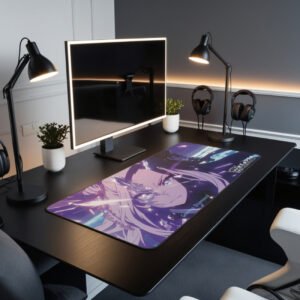 Gemma Enraged Desk Mat in a modern gaming setup with ambient lighting and dual monitors.